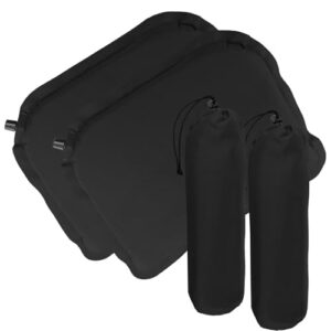 Zwei schwarz gekleidete Camping-Sitzkissen in Rechteckform mit Reißverschluss auf der linken oberen Ecke und Griffen an jeder Seite für Portabilität. Die Kissen bestehen aus einem dauerhaften Material, das gut geeignet ist für Außenbereiche.