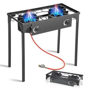 BACOENG Hockerkocher Gas 2 flammig, Campingkocher inklusive 1,5 m Schlauch und 50 mbar Druckregler, 4-beiniger Gaskocher für Camping und Outdoor