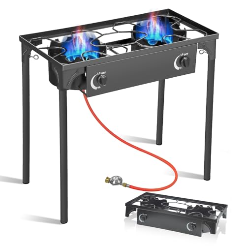 BACOENG Hockerkocher Gas 2 flammig, Campingkocher inklusive 1,5 m Schlauch und 50 mbar Druckregler, 4-beiniger Gaskocher für Camping und Outdoor