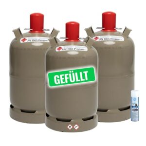 Campinggasflasche mit 11 kg Propan-Gas, inklusive Lecksuchspray und roter Schutzkappe, für Gasgrills, Camping, Heizung und andere Anwendungen.