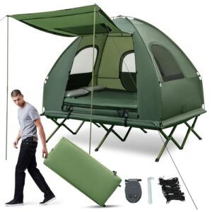Ein umfassendes Camping-Set mit Zelt, Feldbett, Luftmatratze, Kissen und Schlafsack für zwei Personen. Das Set ist wasserdicht, tragbar und bietet eine Tragekraft von 300 kg.