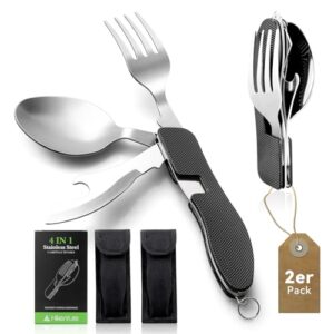Klappbares Camping-Besteckset aus Edelstahl, 4 in 1 Outdoor-Besteck zum Mitnehmen, Bundeswehr-Reisebesteck Klappbesteck für eine Person