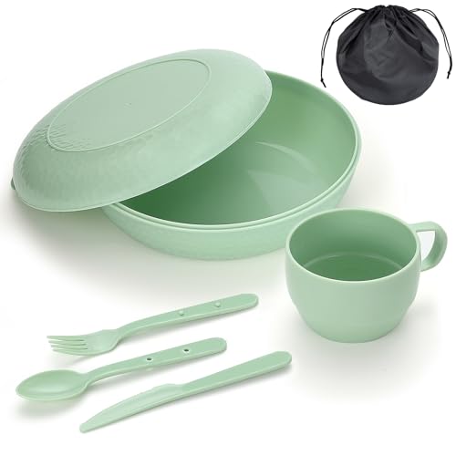 Camping Utensilienset mit Schüsseln, Teller, Tassen, Löffel, Gabeln, Messer und Handtasche für Outdoor-Aktivitäten