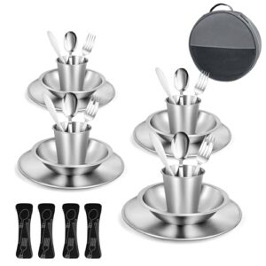 Campingbesteck Set für 4 Personen - portable Geschirrset mit Edelstahl Besteck, Teller und Schale, inklusive Bestecktasche für Outdoor-Aktivitäten wie Picknick oder Grillen.