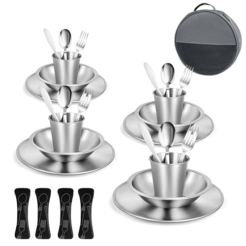 Campingbesteck Set für 4 Personen - portable Geschirrset mit Edelstahl Besteck, Teller und Schale, inklusive Bestecktasche für Outdoor-Aktivitäten wie Picknick oder Grillen.
