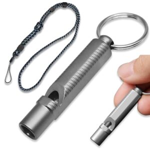 DGSLWH 1 Stück Titanium Signalpfeife, 120dB Hochfrequenz Einrohr-Design Sicherheitspfeife, TC4 Titan, für Outdoor, EDC, Wandern & Rettung, Leicht 7.8g mit Schlüsselband & verstellbarem Lanyard (Grau)