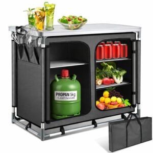 Faltbare Campingküche mit 45cm Fach für Gasflaschen, Mobile Outdoor Kochstation mit Seitentaschen & Tasche, Stabile Faltküche für Wohnmobil & Grillen