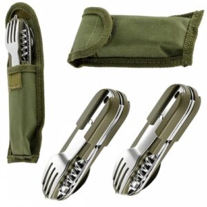 Multifunktionales Reisebesteck mit 7 Funktionen: Messer, Gabel, Löffel, Weinöffner, Dosenöffner und Schleifstein. Ideal für Outdoor-Aktivitäten wie Camping, Wandern und Reisen.