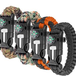 Survival Armband Kit 4er-Set für Outdoor Aktivitäten, Paracord Armband Herren, Überlebensarmband mit Feuerstein und Kompass