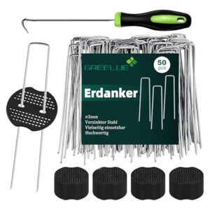 Erdanker für Unkrautvlies, Garten und Zaun - 50 Stück Bodenanker aus feuerverzinktem Stahl mit Pufferscheiben gegen Rost