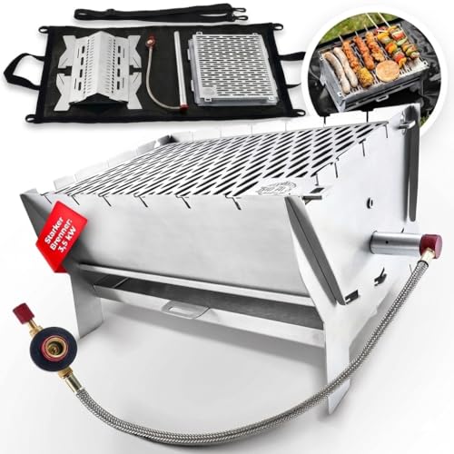 Mobiler Steckgrill 2 in 1 Edelstahl Grill für Gas und Kohle inklusive Tasche und Schultergurt ideal für Camping Balkon und Trekking