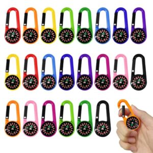 Ein kleiner, multifarbeniger Mini-Kompass mit Karabinerhaken in einer Hand, im Hintergrund weitere farbige Schlüsselanhänger. Ideal für Kinder, um die richtige Richtung zu finden bei Campen, Wandern oder Outdoor-Aktivitäten.