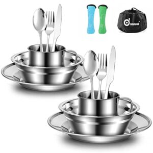 Campingbesteck Set aus Edelstahl für zwei Personen, Reisebesteck für Camping und Outdoor-Aktivitäten, Klappbesteck mit Teller und Tasse