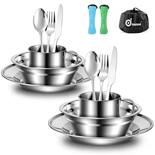 Campingbesteck Set aus Edelstahl für zwei Personen, Reisebesteck für Camping und Outdoor-Aktivitäten, Klappbesteck mit Teller und Tasse