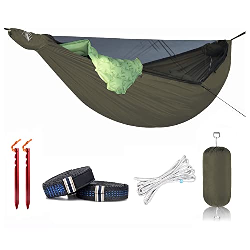 Reißverschluss-Hängematte mit Moskitonetz für Camping, doppellagige Hängematte mit verstellbarer Ridgeline, OD Green, Isomatte