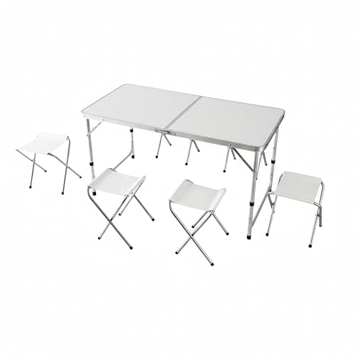 Relaxdays Campingtisch mit 4 Sitzhockern, klappbar und höhenverstellt. Aluminium und MDF Material, weiß lackiert.