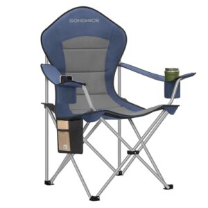 Campingstuhl mit breitem Sitz und hoher Rückenlehne, ideal für Outdoor-Aktivitäten wie Camping, Picknicks und Spaziergänge.