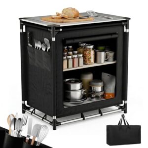 Faltbarer Campingschrank mit Aufrollbare Arbeitsplatte und Aluminiumgestell, ideal für Camping, Grillen und Outdoor-Aktivitäten.