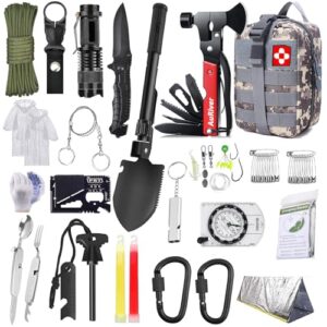 AuRiver Survival Kit 163 in 1, Notfall Survival Ausrüstung mit Kompass Jagdmesser Multitool Hammer Axt Taschenlampe und Weiterem Zubehör für Camping Wandern Abenteuer