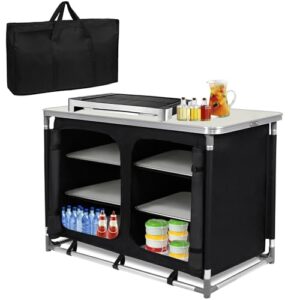 Campingküche mit Tischaufsatz, Stauraum und Tragetasche - Faltbarer Aluminium-Campingschrank für Outdoor-Reisen und Picknicks