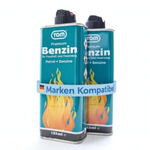 Zwei Flaschen Feuerzeugbenzin mit 133 ml Benzin, ideal zum Nachfüllen von Sturmfeuerzeuge, Campingkocher oder Taschenofen