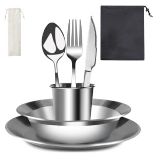 Edelstahl-Geschirr Set mit Messer, Gabel und Löffel für Reisen und Camping