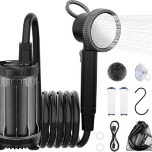 Campingdusche mit Pumpe, 8000mAh Outdoor Campingdusche mit Akku, IPX8 Wasserdicht Mobile Dusche Set mit Duschkopf und 2M Schlauch