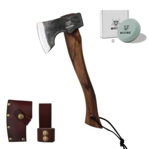 WICING 34,2 cm Beil, Campingaxt und Beil aus Manganstahl 1065 mit Buchenholzgriff und Lederscheide für Outdoor-Aktivitäten
