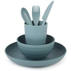 Camping-Geschirr Set aus Kunststoff mit Schüssel, Teller, Becher und Besteckset für Camping- oder Picknick-Ausfahrt, Navy Blau
