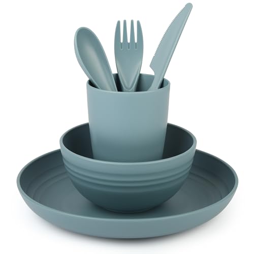 Camping-Geschirr Set aus Kunststoff mit Schüssel, Teller, Becher und Besteckset für Camping- oder Picknick-Ausfahrt, Navy Blau
