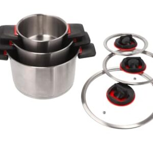 BERGER RedSilva Topfset Induktion 6-tlg. - Camping Kochgeschirr-Set aus Edelstahl mit Glasdeckel und klappbaren Griffen