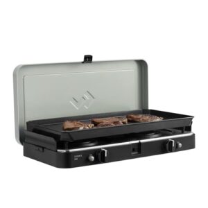 Vollausgestatteter Grill für Camping und BBQ-Einsatz mit zwei Brennern, drei Kochflächen und Antihaftbeschichtung