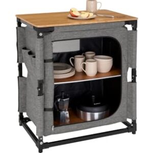 Faltbare Campingküche mit Aluminiumgestell und Arbeitsplatte aus Bambus, ideal für Outdoor-Touren und Reisen.