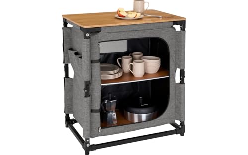 Faltbare Campingküche mit Aluminiumgestell und Arbeitsplatte aus Bambus, ideal für Outdoor-Touren und Reisen.