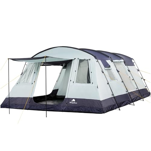 CampFeuer Zelt XtraL für 6 Personen: ein großes, dunkelblaue und graue XXL-Tunnelzelt mit Vorraum und fest vernähtem Boden. Perfekt für Familien, Freunde und Abenteurer.