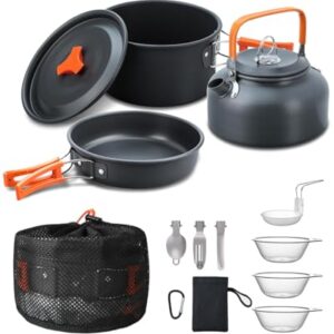 ROJUDAR Camping Cookware Kit, leichte und wasserdichte Camping-Kochset mit Topf, Teller, Kelle, Löffel, Schneidbrett und Transporttasche für Outdoor-Aktivitäten wie Camping, Hiking und Picknicks