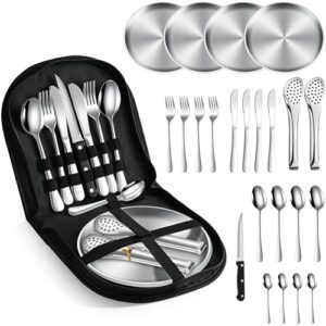 Camping-Geschirr-Set mit Edelstahl-Besteck für 4 Personen - ideal für Outdoor, Picknick und Grillpartys