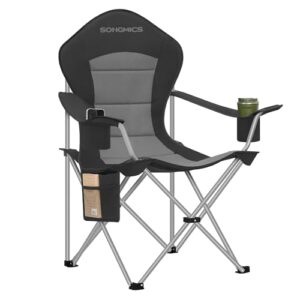 portabler Campingstuhl mit breiter Sitzfläche und hoher Rückenlehne, ideal für Outdoor-Aktivitäten und Entspannung im Freien, leicht und tragbar, schwarz-grau