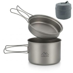 Ultraleichtes Outdoor-Cooking-Geschirr aus Titan für Trekking, Bushcraft und Lagerfeuer Kochen - 1300ml Topf mit 500ml Pfanne