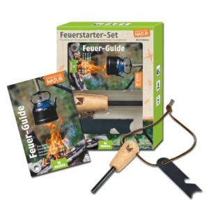 Feuerstarter Set für Outdoor & Survival, Feuerstahl mit Magnesium Firestarter, Flaschenöffner und Sechskantschlüssel sowie Feuer-Guide