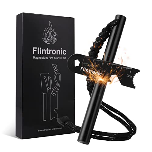 Flintronic Feuerstahl mit Handmade Griff, Feuerstein Survival Set, Wasserfester Magnesium-Feuerstarter, Teleskop Blasrohr, Schaber für Camping, Wandern, Outdoor-Aktivitäten