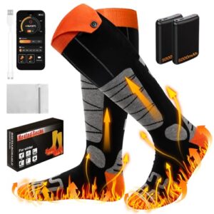 Beheizbare Socken mit APP-Fernbedienung und zwei wiederaufladbaren 5000mAh-Akkus. Die Socken sind ideal für Skifahren, Radfahren, Camping und andere Wintersportarten.
