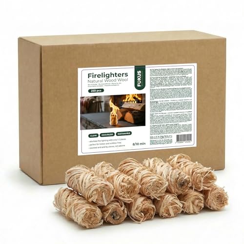Holzwolle Feueranzünder für Kamin, Grill und Ofen - 250 Stück, geruchlos und rauchfrei, aus natürlicher Holzwolle