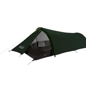 Einstellbare Outdoor-Tunnelzelt für ein Personen von Jack Wolfskin in Mountain Green Farbe, ideal für Camping und Hiking