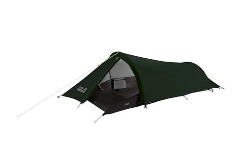 Einstellbare Outdoor-Tunnelzelt für ein Personen von Jack Wolfskin in Mountain Green Farbe, ideal für Camping und Hiking