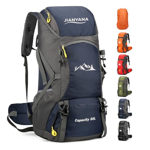 JianYana Wanderrucksack 50L, Trekkingrucksack mit Regenhülle für Reisen und Camping