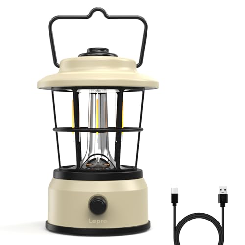 Lepro LED Retro Campinglampe Wiederaufladbar, Stufenlos Dimmbar, Powerbank-Funktion, IPX4 Wasserdicht, Weiß