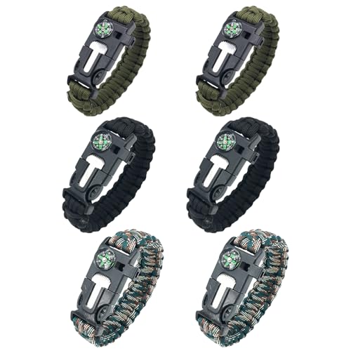 Multifunktionales Paracord-Armband mit Feuerstarter, Schneidwerkzeug, Pfeife und Kompass für Outdoor-Aktivitäten wie Wandern, Camping und Bushcraft.