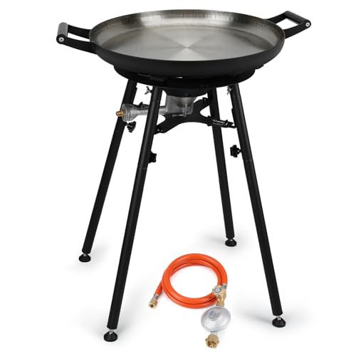 Onlyfire Propan Kochsystem, Komplett Set für Paella und Gasbrenner Outdoor, 54cm Paellapfanne mit abnehmbarem Fuß, DE-Gasregler, vier Beine und Windschutzscheibe für Wok und Grillplatte