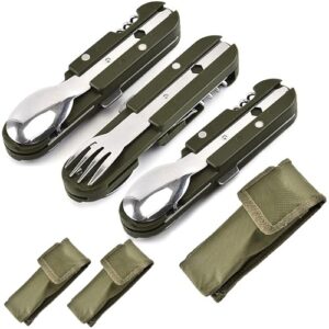 3-teiliges Edelstahl Besteck-Set mit Gabel, Löffel und Messer in Stofftasche für Camping und Outdoor-Aktivitäten